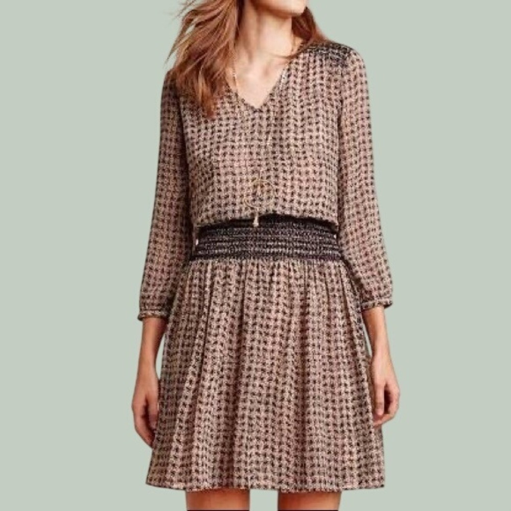 Vanessa Virginia Dress M Tan Smocked Waist Crochet Detail Indie Church Academia